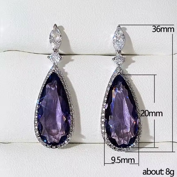 Sterling Silver Purple Amethyst Diamond Water Drop Teardrop Earrings - Picture 4 of 4